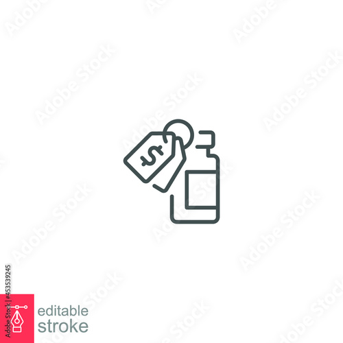 Vaccine cost, dollar, tag, bottle line icon. Price ,Vaccination program, immunization medical health.  Vaccine bottle dollar sign Editable stroke vector illustration design on white background EPS 10