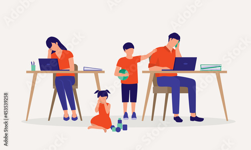 Frustrated Parent Working At Home With Children. Working And Parenting At Home During COVID-19 Pandemic. Remote Working. Telecommuting. Stay At Home.