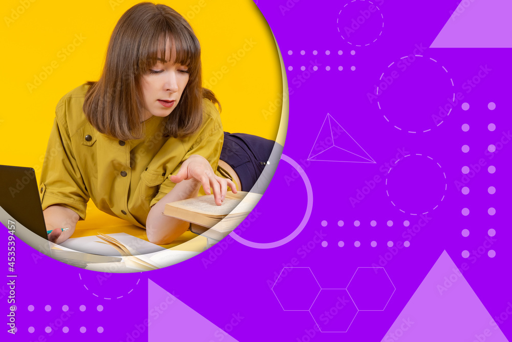 Student is studying something. Woman with books and notebooks. Exam preparation concept. Student does independent work. Student reads lying down. Abstract purple background with place for text.