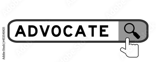 Search banner in word advocate with hand over magnifier icon on white background