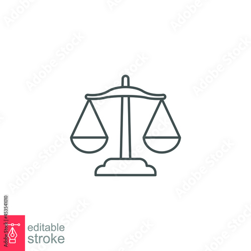 Balance lawyer icon. Law firm logo scale. Equilibrium Scale Balance, Justice symbol for web site or mobile app. outline style. editable stroke. vector illustration. design on white background EPS 10