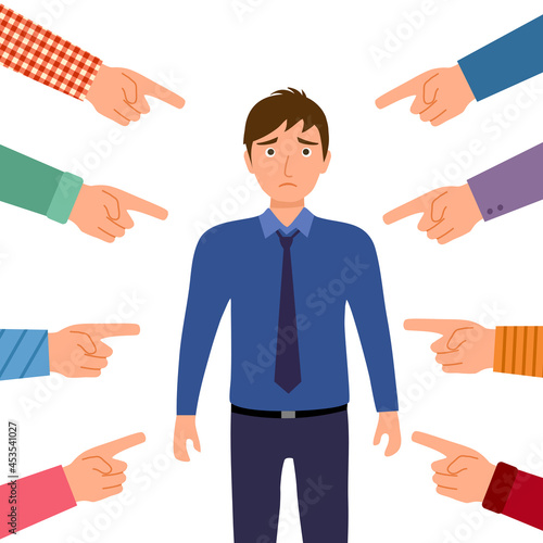 Sad or depressed businessman surrounded by hands with index fingers. Accusation guilty concept vector in flat design. Public or colleague blame.	