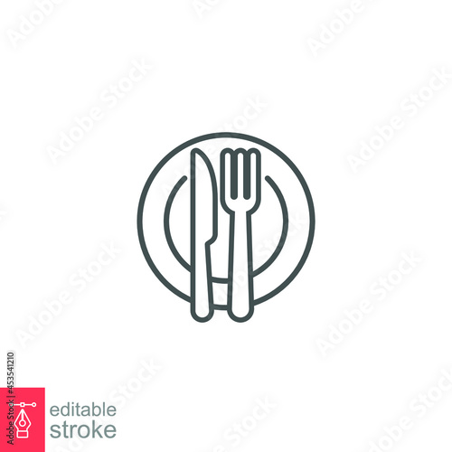 Plate and knife with a fork icon, dinner, meal, eat cutlery, outline style Restaurant dish dining table set. Tableware, silverware Editable stroke Vector illustration design on white background EPS 10