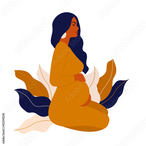 Side view silhouette of a pregnant woman with a belly. Pregnancy flat characte. Flat stock vector illustration isolated on white background. Happy pregnant woman sitting
