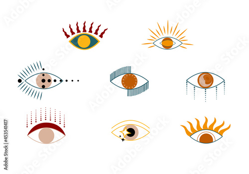 Evil eye colorful vector isolated doodle set. Magic, witchcraft, occult symbol, clip art line art collection. Hamsa eye, magical eye, decor element. Pink, blue, red eyes.

