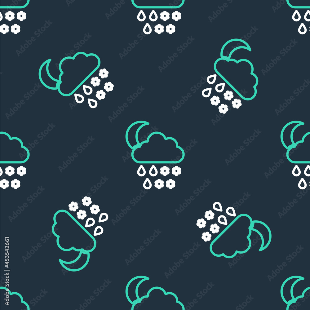 Line Cloud with snow, rain and moon icon isolated seamless pattern on black background. Weather icon. Vector