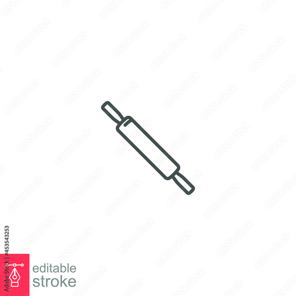 rolling pin icon, baker icon. dough flour Wooden rolling pin plunger. Kitchen utensil for cooking food and bakery. outline style Editable stroke vector illustration design on white background. EPS 10 rolling pin icon, baker icon. dough flour Wooden rolling pin plunger. Kitchen utensil for cooking food and bakery. outline style Editable stroke vector illustration design on white background. EPS 10