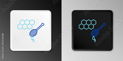 Line Honeycomb with honey dipper stick icon isolated on grey background. Honey ladle. Honey cells symbol. Sweet natural food. Colorful outline concept. Vector