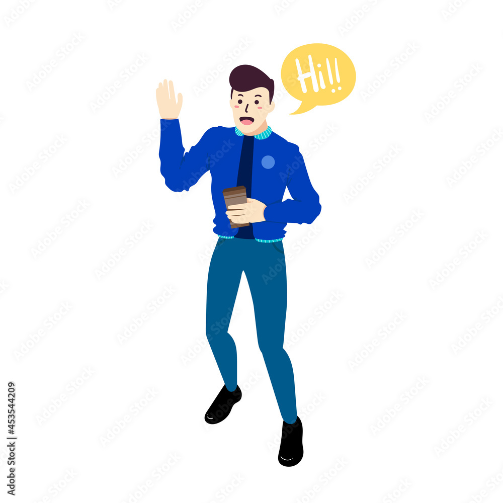 Happy man people say hello and drink coffee cup cartoon doodle flat design style vector illustration Happy man people say hello and drink coffee cup cartoon doodle flat design style vector illustration