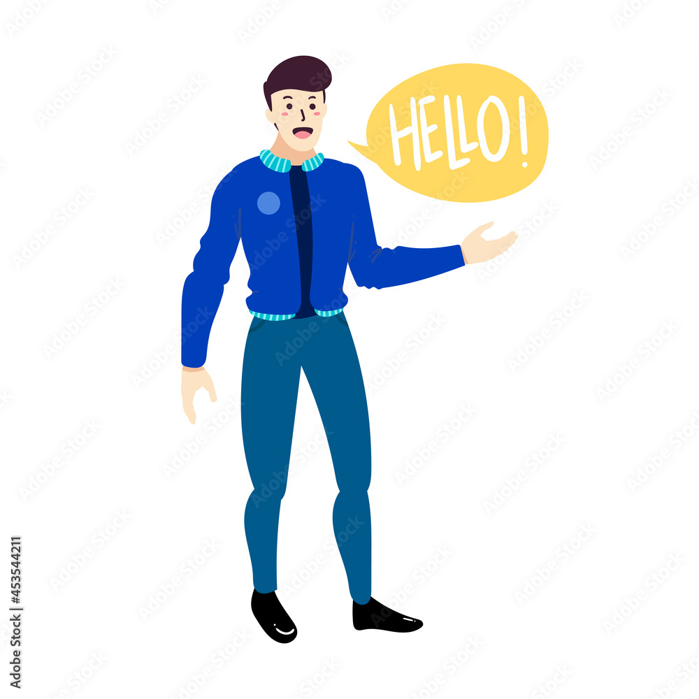 Happy man people say hello cartoon doodle flat design style vector illustration Happy man people say hello cartoon doodle flat design style vector illustration