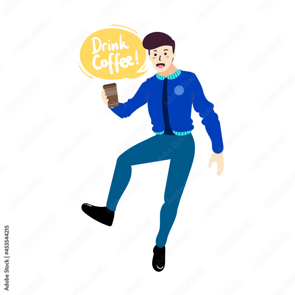 Happy man people drink coffee cup cartoon doodle flat design style vector illustration Happy man people drink coffee cup cartoon doodle flat design style vector illustration
