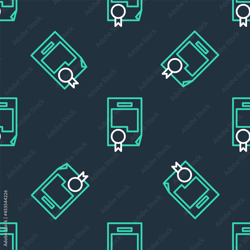 Line Certificate template icon isolated seamless pattern on black background. Achievement, award, degree, grant, diploma. Business success certificate. Vector