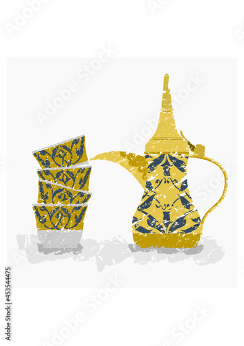 Editable Isolated Side View Arabian Dallah Coffee Pot and Finjan Cups Stack Vector Illustration in Brush Strokes Style for Cafe with Middle Eastern Culture Tradition and Islamic Moments Related Design