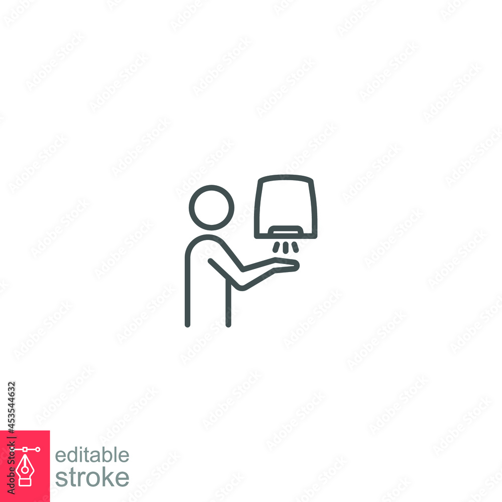 Hand dryer instruction, man, people, outline style. Automated touchless drying hands. Hand washing procedure. editable stroke. pictogram logo. vector illustration design on white background. EPS 10 Hand dryer instruction, man, people, outline style. Automated touchless drying hands. Hand washing procedure. editable stroke. pictogram logo. vector illustration design on white background. EPS 10