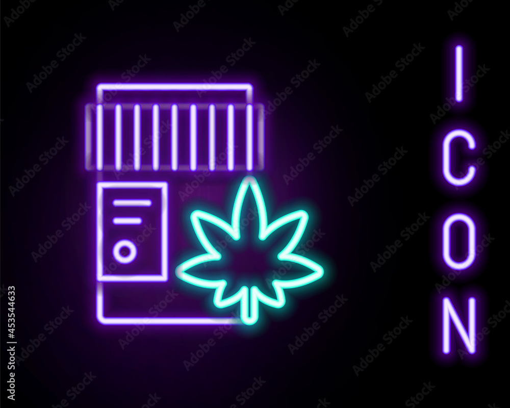 Glowing neon line Medical bottle with marijuana or cannabis leaf icon isolated on black background. Mock up of cannabis oil extracts in jars. Colorful outline concept. Vector