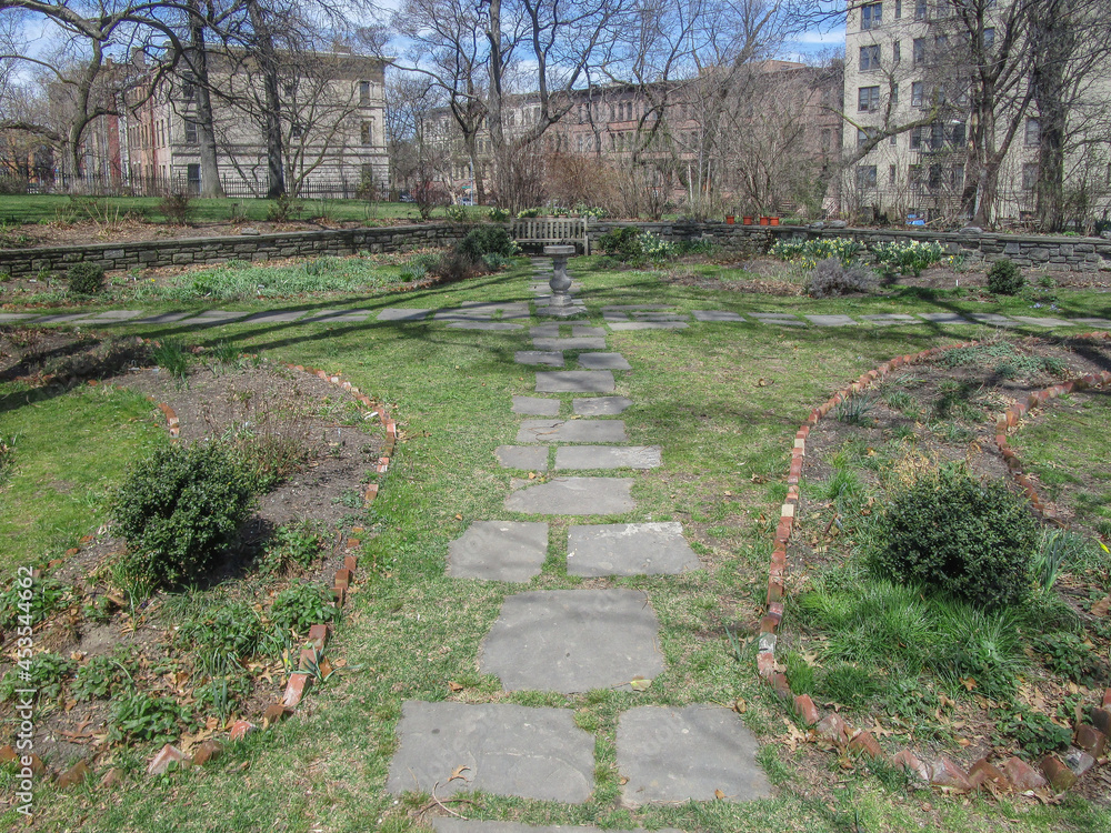 New York, NY: The garden of the Morris–Jumel Mansion (1765). The the oldest house in Manhattan, it served as a headquarters for both sides in the American Revolution.