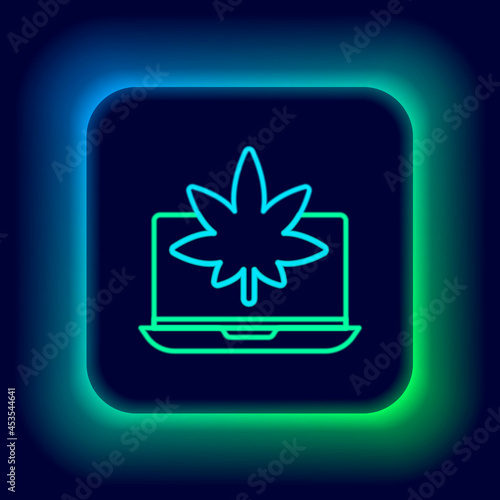 Glowing neon line Laptop and medical marijuana or cannabis leaf icon isolated on black background. Online buying symbol. Supermarket basket. Colorful outline concept. Vector