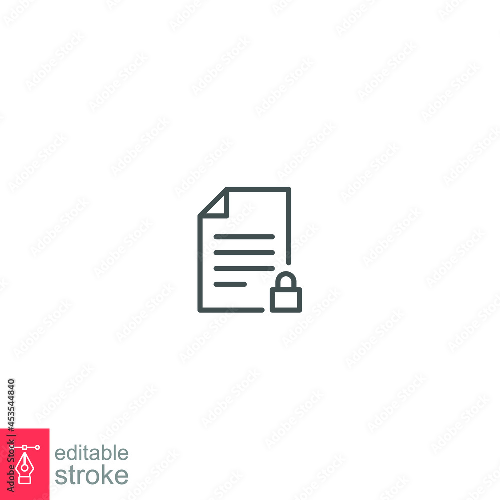 Document lock icon, secure, confidential, privacy. Security contract. Web Cyber defence lock sign. Private protection symbol. Editable stroke. vector illustration. design on white background. EPS 10 Document lock icon, secure, confidential, privacy. Security contract. Web Cyber defence lock sign. Private protection symbol. Editable stroke. vector illustration. design on white background. EPS 10