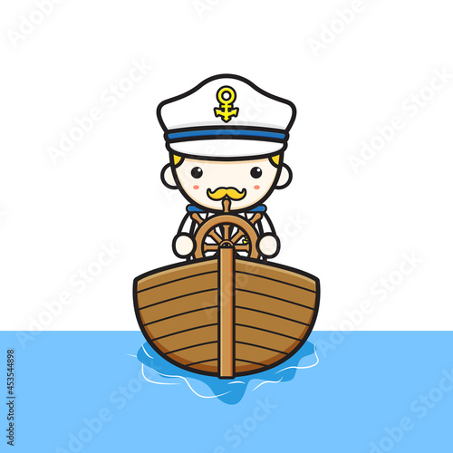Cute captain driving boat cartoon icon illustration