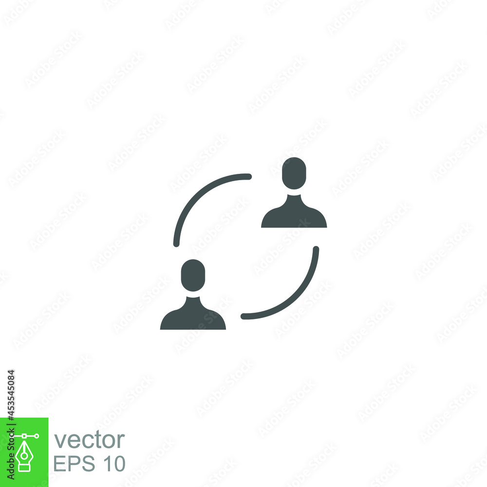 User exchange glyph icon, two people or replacement person, in connect arrow, communication circle trade. Personnel change Staff updating logo. vector illustration. design on white background. EPS 10 User exchange glyph icon, two people or replacement person, in connect arrow, communication circle trade. Personnel change Staff updating logo. vector illustration. design on white background. EPS 10