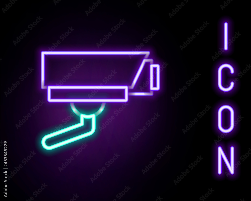 Glowing neon line Security camera icon isolated on black background. Colorful outline concept. Vector Glowing neon line Security camera icon isolated on black background. Colorful outline concept. Vector