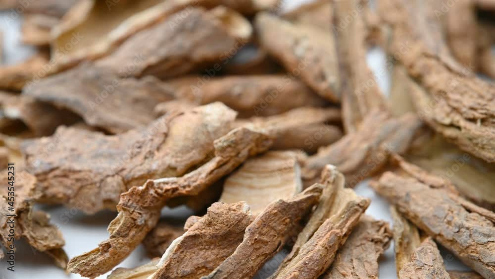 angle view herb DiGuPi or Lycii Cortex or Chinese Wolfberry Root - bark rotating angle view herb DiGuPi or Lycii Cortex or Chinese Wolfberry Root - bark rotating