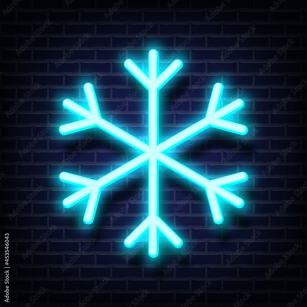 Snowflake blue shape design neon light style. Electric sign glowing isolated on dark brick wall background. Symbol of winter, temperature, weather. Abstract element for decor. Vector illustration. Snowflake blue shape design neon light style. Electric sign glowing isolated on dark brick wall background. Symbol of winter, temperature, weather. Abstract element for decor. Vector illustration.