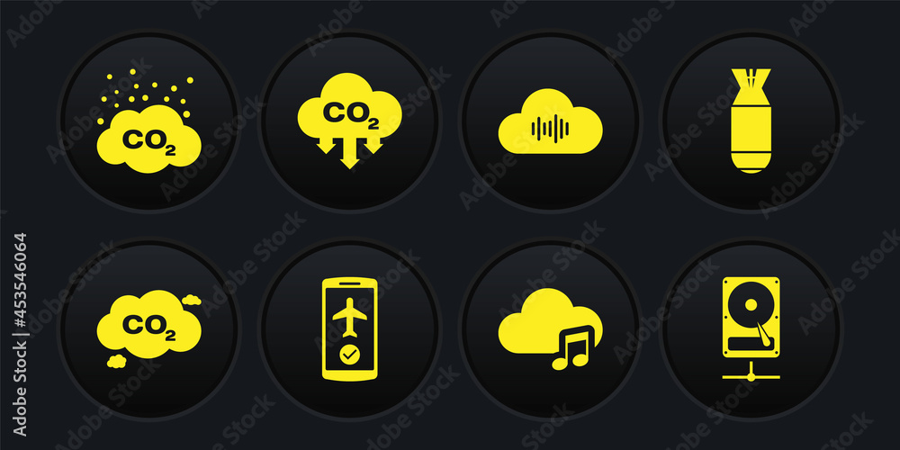 Set CO2 emissions in cloud, Aviation bomb, Flight mode the mobile, Music streaming service, and icon. Vector