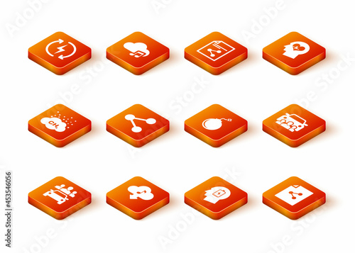 Set Car sharing, Cloud download music, Methane emissions reduction, Share, Head with low battery and Bomb ready to explode icon. Vector