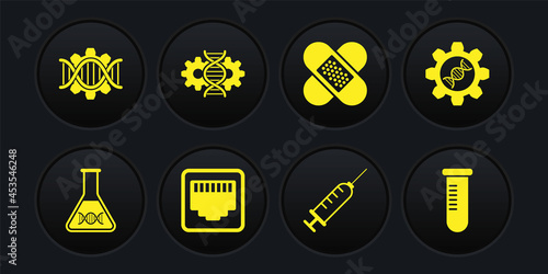 Set DNA research, search, Genetic engineering, Network port cable socket, Syringe, Crossed bandage plaster and editing icon. Vector