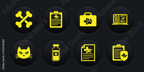 Set Cat, Clinical record dog on laptop, Pets vial medical, Medical certificate for cat, first aid kit and pet icon. Vector