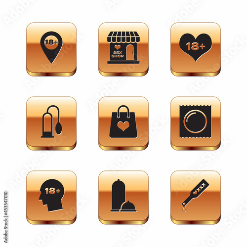 Set Location with 18 plus, Head, Condoms safe sex, Shopping bag heart, Penis pump, content, Spanking paddle and Sex shop building icon. Vector