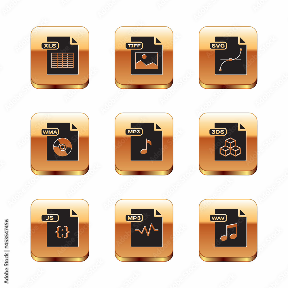 Set XLS file document, JS, MP3, WMA, SVG, WAV and TIFF icon. Vector Set XLS file document, JS, MP3, WMA, SVG, WAV and TIFF icon. Vector