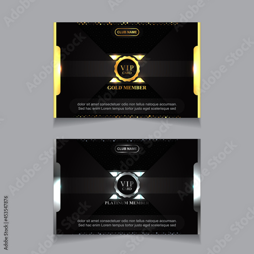Vector VIP golden and platinum business card. Black geometric pattern background with premium design. Luxury and elegant graphic print template layout for vip member