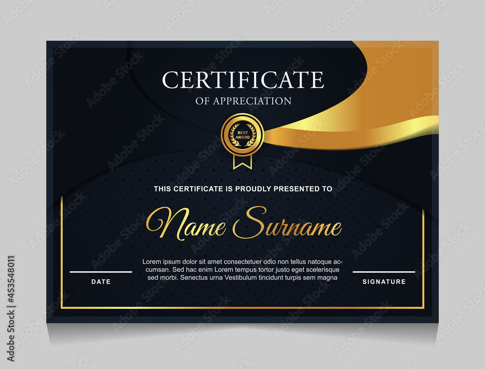 Naklejka premium Certificate of achievement border design templates with elements of luxury gold badges and modern line patterns. vector graphic print layout can use For award, appreciation, education