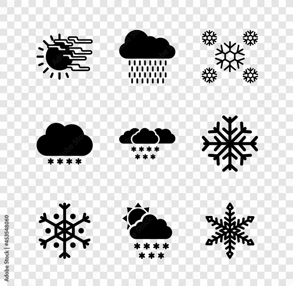 Set Fog and sun, Cloud with rain, Snow, Snowflake, snow and icon. Vector Set Fog and sun, Cloud with rain, Snow, Snowflake, snow and icon. Vector