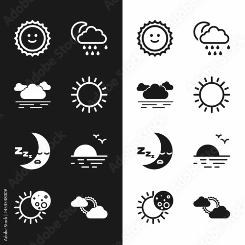 Set Sun, Cloud, with rain and moon, Moon icon, Sunset, cloud weather and Eclipse of sun icon. Vector