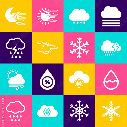 Set Snowflake, Water drop, Cloud with rain and lightning, snow, Fog sun and icon. Vector