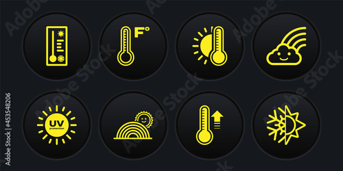 Set UV protection, Rainbow with cloud, sun, Meteorology thermometer, Thermometer, Sun and snowflake and icon. Vector