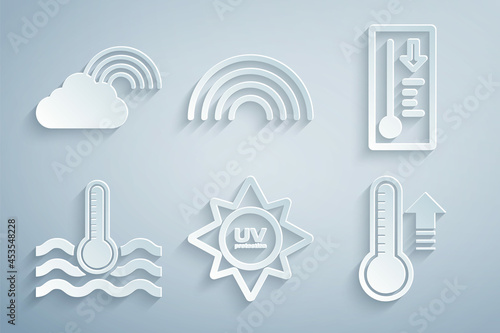 Set UV protection, Meteorology thermometer, Water, Rainbow and with cloud icon. Vector