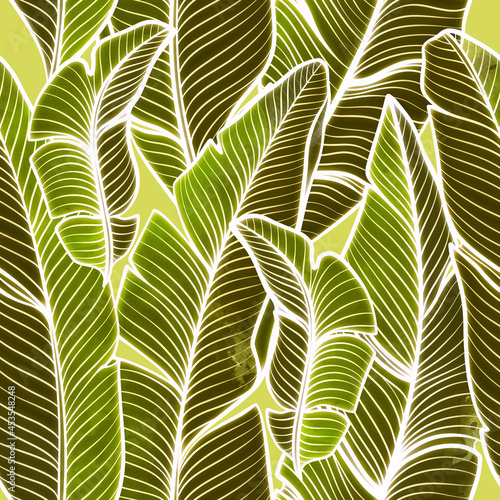 Banana palm leaves modern floral seamless pattern. Digital with watercolour mixed media artwork. Endless motif for packaging, scrapbooking, decoupage paper, textiles and more.