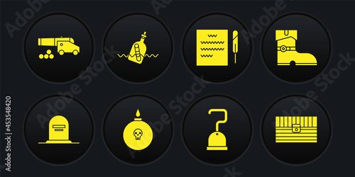 Set Tombstone with RIP written, Leather pirate boots, Bomb ready explode, Pirate hook, Feather pen and scroll, Bottle message in water, Antique treasure chest and Cannon cannonballs icon. Vector