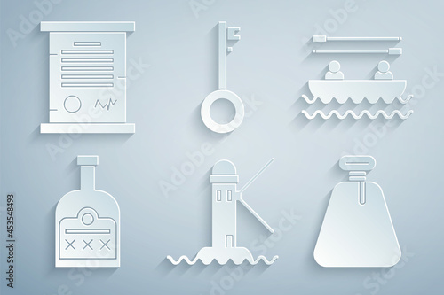 Set Lighthouse, Boat with oars, Alcohol drink Rum bottle, Pirate sack, key and Decree, parchment, scroll icon. Vector