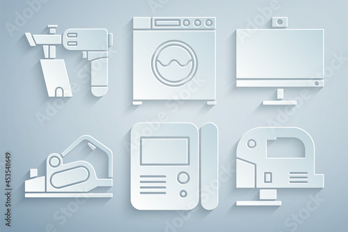 Set House intercom system, Computer monitor, Electric planer tool, jigsaw, Washer and Nail gun icon. Vector