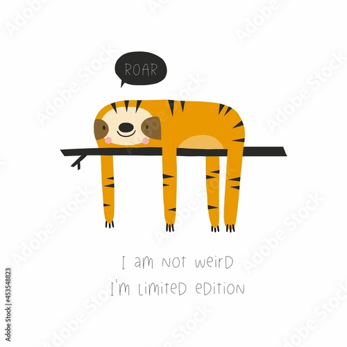 Cute cartoon sloth character - vector illustration. Lettering Quote - normal is so boring. Tropical summer print