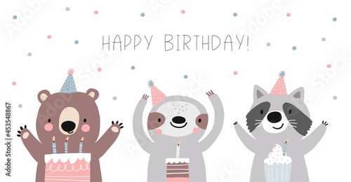 Awesome cute sloth, bear and raccoon in party hats, children's birthday party, birthday cake. Vector illustration of cute animals friends birthday characters