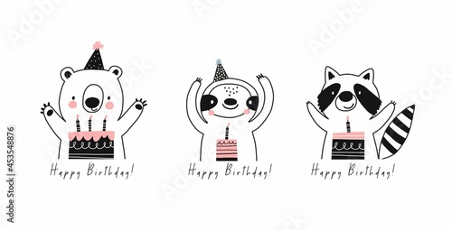 Awesome cute sloth, bear and raccoon in party hats, children's birthday party, birthday cake. Vector illustration of cute animals friends birthday characters