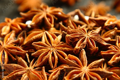 Macro, close up image of organic star anise , Indian spices. 