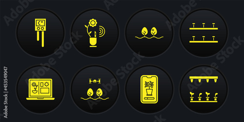 Set Smart farming technology, Automatic irrigation sprinklers, with drone, control system, Plant, and Temperature and humidity sensor icon. Vector