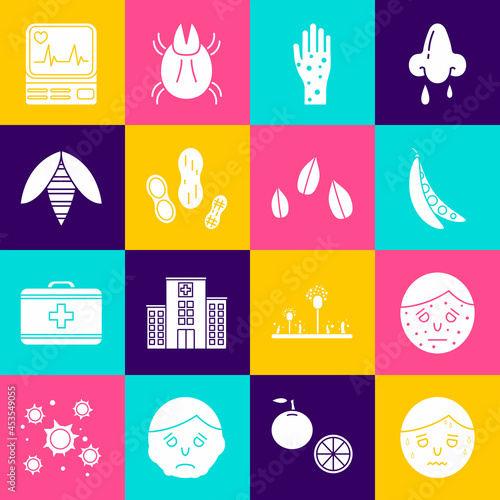 Set Man with excessive sweating, Face psoriasis or eczema, Kidney beans, Hand, Peanut, Bee, Monitor cardiogram and Sesame seeds icon. Vector
